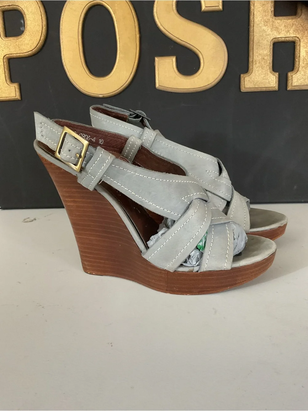 Naturalizer Light Gray Suede Knot-Front Wedge Sandals with Wood-Look Heel